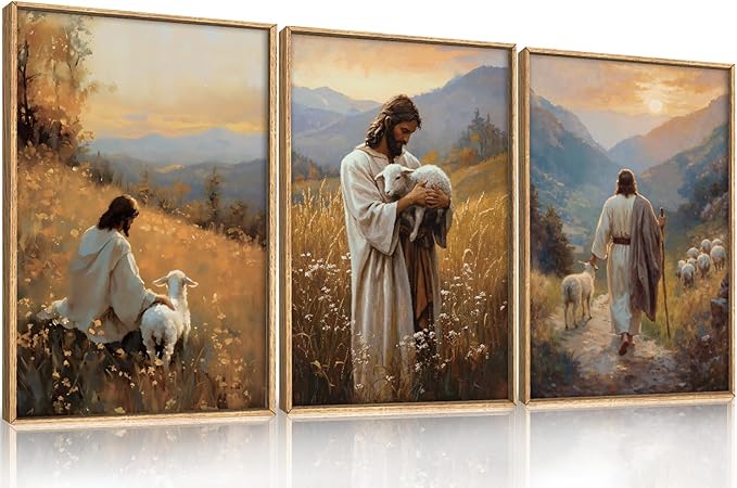 HOURIA Jesus Christ Easter Leaves The 99 Sheep Framed Canvas Wall Art Set,Christian Embraces The Lost Sheep Decor,Religious Bible Verse Resurrection Artwork for Church,Prayer Room,Home- 24"x36"x3