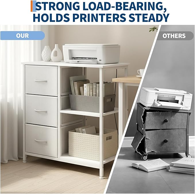 Garvee 3 Drawer File Cabinet, Printer Stand with 2 Open Storage Shelves, Fabric Filing Cabinet Under Desk Office Organizer for Home Office, Modern Storage Solution, White