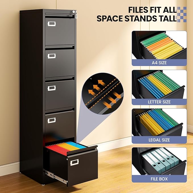 5 Drawer File Cabinet, Black Metal Filing Cabinets with Lock Name Card Holder, Metal Vertical Filing Cabinets for Home Office, Steel Storage Cabinet fits Letter/Legal/A4 Size(Assembly Required)