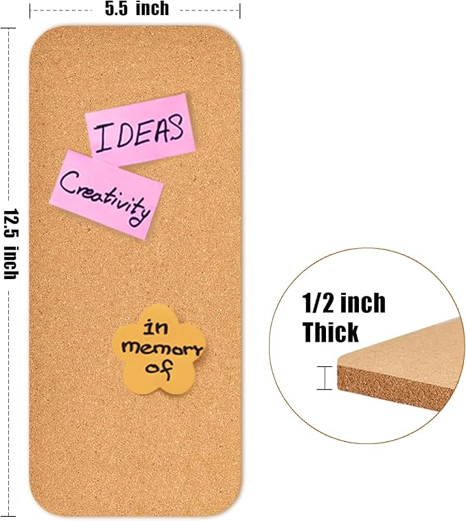 4 PCS 12.5"*5.5" Self-Adhesive Cork Board, 1/2"(12mm) Thick Cork Boards for Walls, 1 Pack 12.5"*5.5" Bulletin Board, Cork Board Tiles for Office, Home, School (4PC)