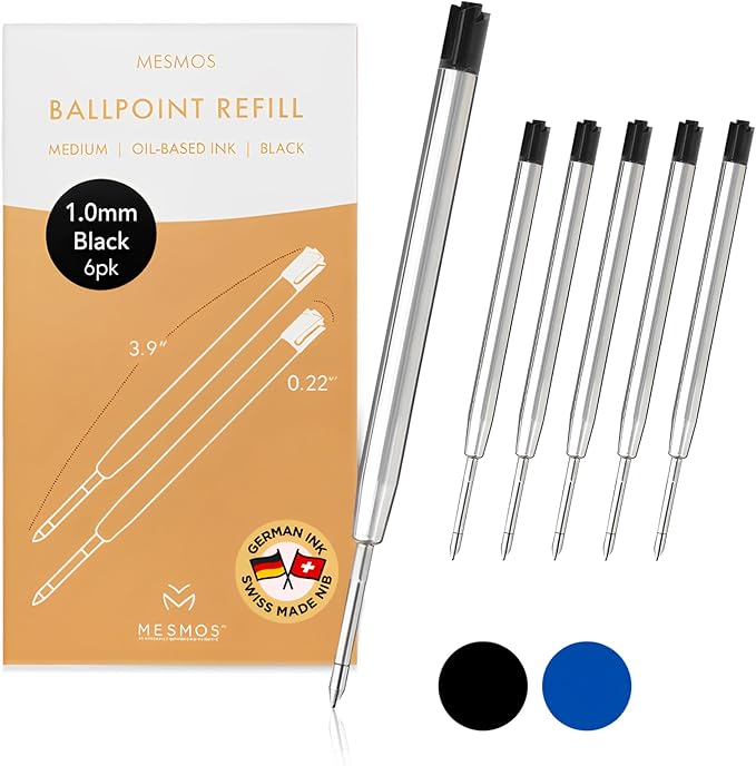 MESMOS 6 Pack 3.9 inch (9.8cm) Pen Refills Ballpoint, Compatible with Ballpoint Parker Pen, (Black Ink)