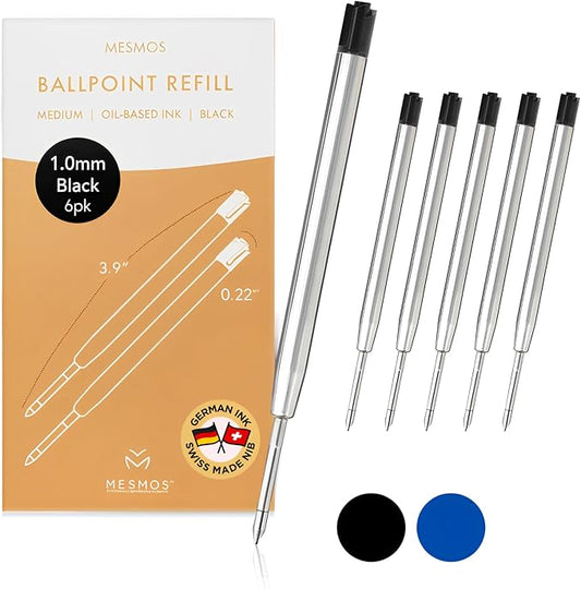 MESMOS 6 Pack 3.9 inch (9.8cm) Pen Refills Ballpoint, Compatible with Ballpoint Parker Pen, (Black Ink)