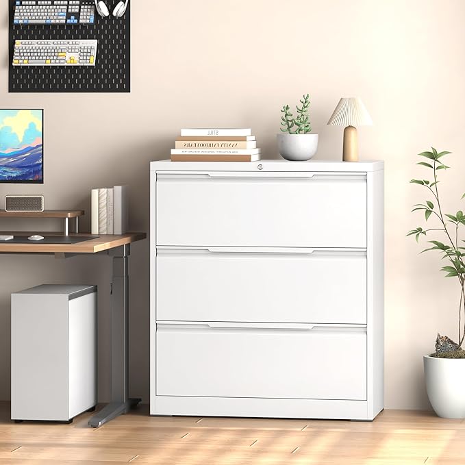 Coolsun Metal File Cabinet with Lock, 3 Drawer File Cabinet for Home Office, Lockable Lateral Filing Cabinet for A4/F4/Lagel/Letter Assembly Required (White, 3 Drawer Lateral)