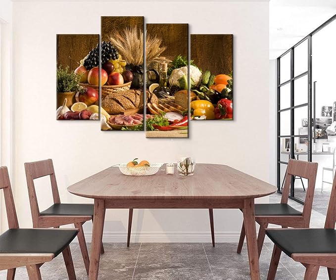 4 Pieces Kitchen Wall Art - Food and Fruit Pictures for Dining Room Decor (48''W x 32''H)