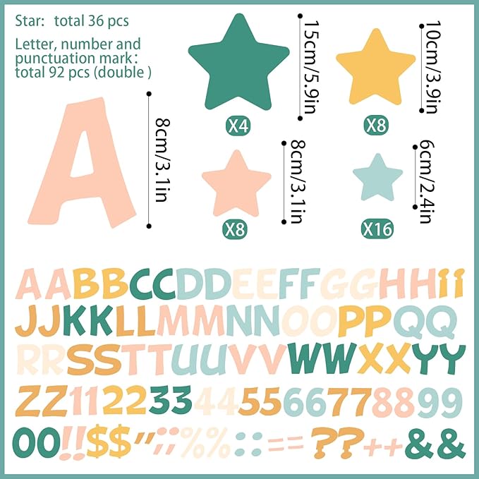 Containlol 188 Pcs Bulletin Board Borders Letters Stars Cutouts Set Include 59ft Poster Board Trims, Alphabet Letter Star Number Punctuation for Classroom(Modern Boho Color)