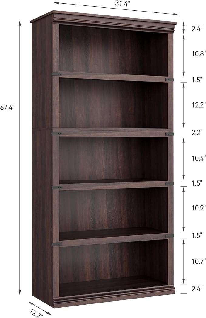 5 Tier Farmhouse Bookcase, 67.4 in Tall Book Shelf with Storage, Wooden Bookshelves 5 Shelf Display Shelvesfor Home Office, Living Room, Bed Room (Cherry, 67.4 in H x 31.5 in W x 12.8 in D)