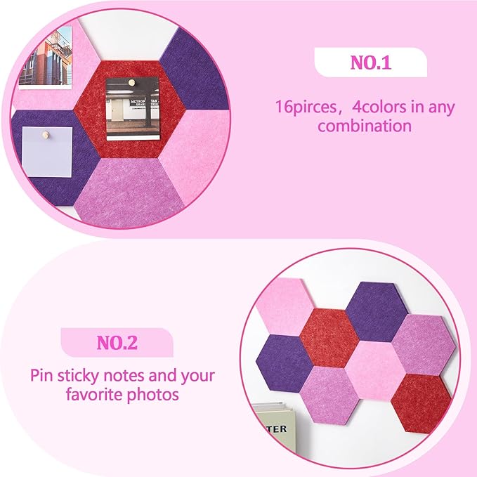 16 Pcs Hexagon Cork Board for Walls with 50 Wooden Push Pins 6.7 x 5.9 in Felt DIY Tiles Notice with Nano Tape Hanging Bulletin Board for Home Photo Office Memo Note (Gradual Purple)