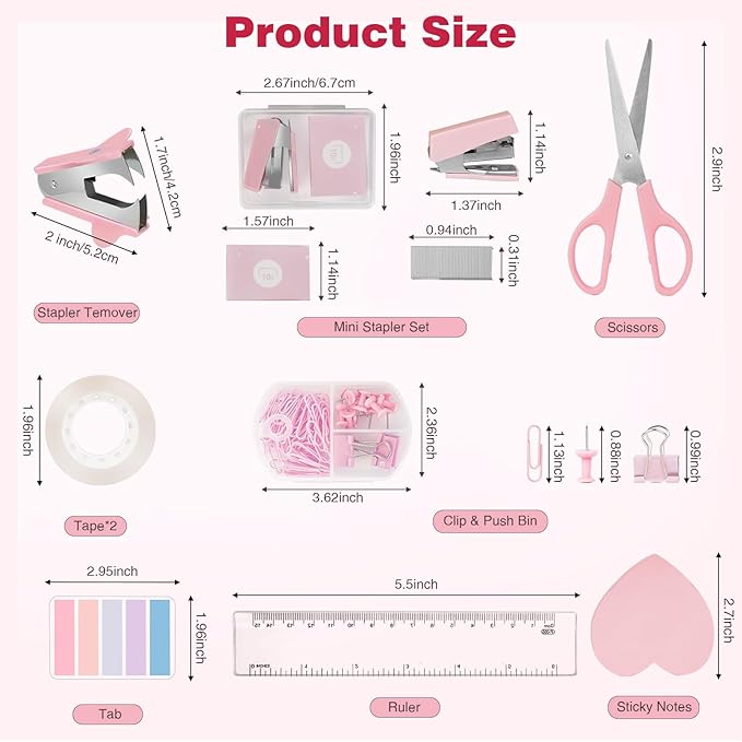 Desk Organizers and Accessories, Office Supplies 15PS Set with Stapler, Staple Remover, Pen Holder, Clips Set, Tape Dispenser, Tape, Phone Holder, 1000 Staples, Ruler, Scissors （Pink）