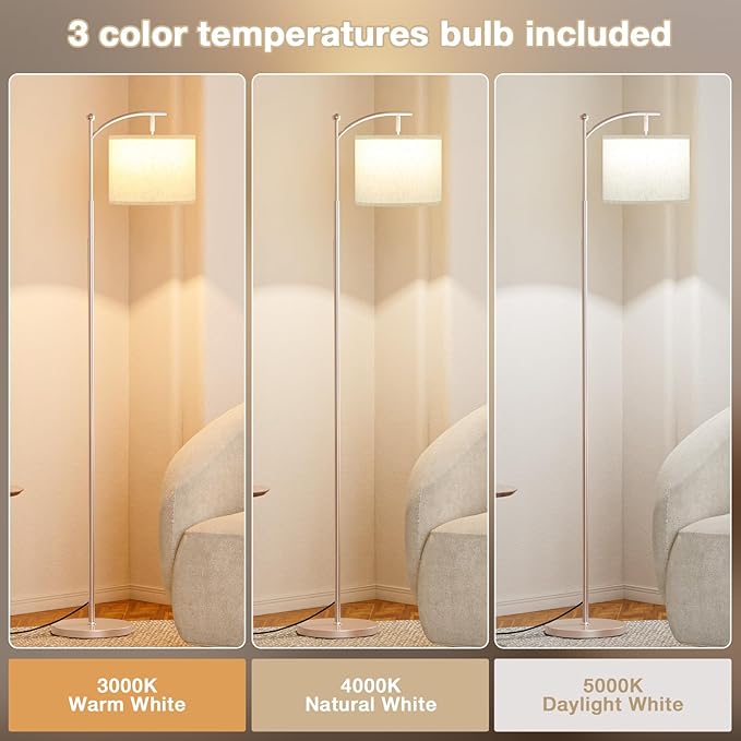Ambimall 60" Floor Lamps for Living Room with 3 Color Temperatures, Adjustable Beige Shade with Light Gold Pole, Tall Lamps for Living Room Bedroom Office Classroom Dorm Room, 9W Bulb Included