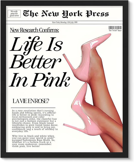 uniro Life Is Better In Pink Poster, Vintage Newspaper Teen Girl Room Wall Decor, Pink Prints For Room, Girly Bedroom Decor, Newspaper Wall Art - 8x10 Unframed