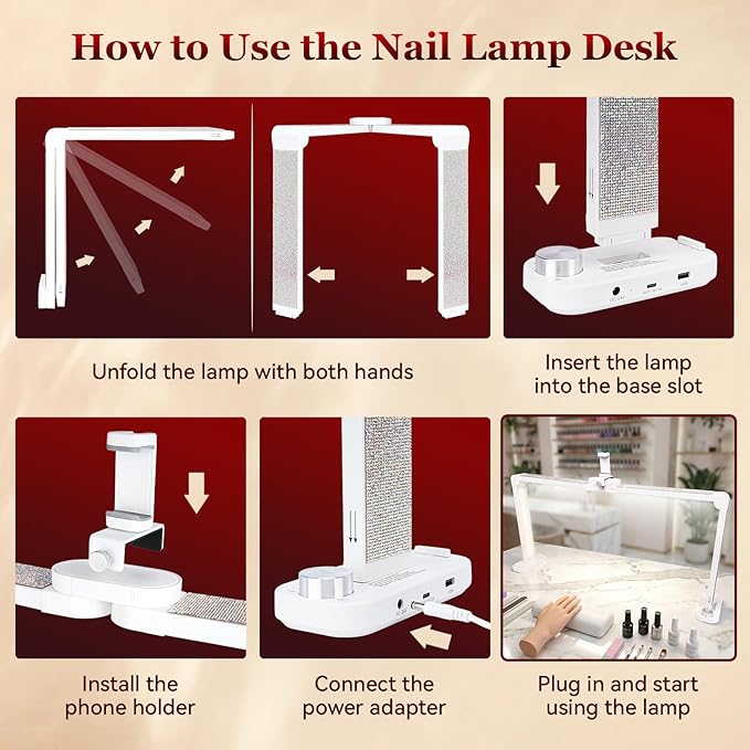 34in Nail Light for Desk Foldable Large Half Moon Lamp Suitable for Nail Tech Beauty Manicure Eyelash Extension Tattoo Eyebrows Crafts Stepless Brightness with 3 Color Modes Infinitely Knob