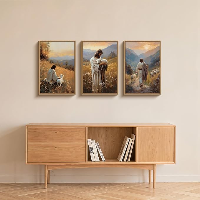 HOURIA Jesus Christ Easter Leaves The 99 Sheep Framed Canvas Wall Art Set,Christian Embraces The Lost Sheep Decor,Religious Bible Verse Resurrection Artwork for Church,Prayer Room,Home- 24"x36"x3