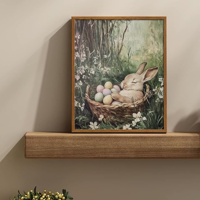 uniro Vintage Easter Rabbit Canvas Wall Art Print, Coloured Eggs and Bunny Painting, Farmhouse Home Decor for Bedroom Room Living Decor(8" x 10"-UNFRAMED)