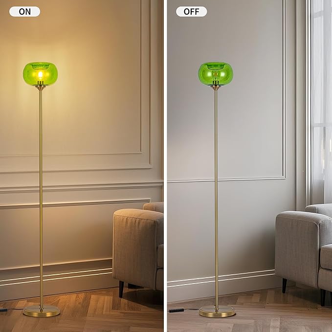 MAYNA Globe Floor Lamp, Emerald Green Round Glass Standing Lamp with Built-in Timer Switch, Gold Tall Vintage Lamps for Living Room Bedroom, 2700K LED Bulb Included