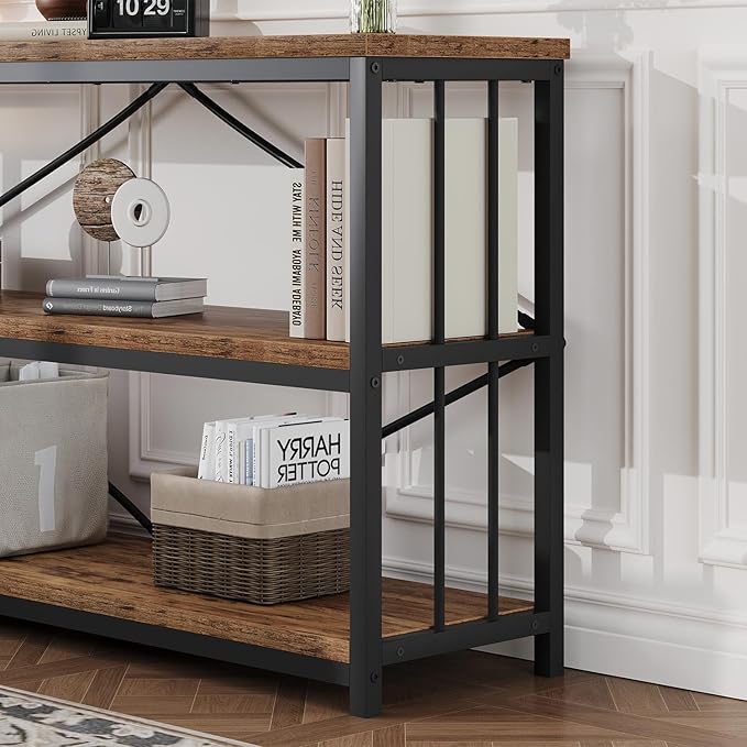 HSH Long Horizontal Bookshelf, Rustic Wood Low Etagere Bookcase for Bedroom, Industrial Metal 3 Tier Book Shelf for Living Room, Vintage Wide Open Large Bookshelves for Home Office, Brown, 63 Inch