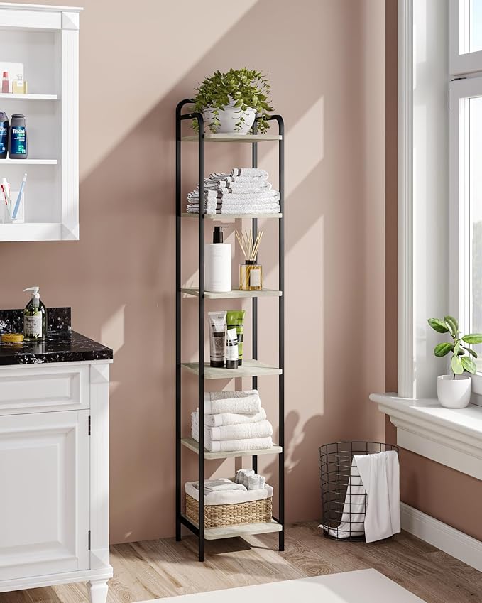 Bookcase Bookshelf, Narrow Book Shelf, Industrial Corner Shelf Storage Organizer, Slim Shelving Unit for Home Office, Living Room, Bedroom, Kitchen, 6-Tier Greige and Black BC24605B