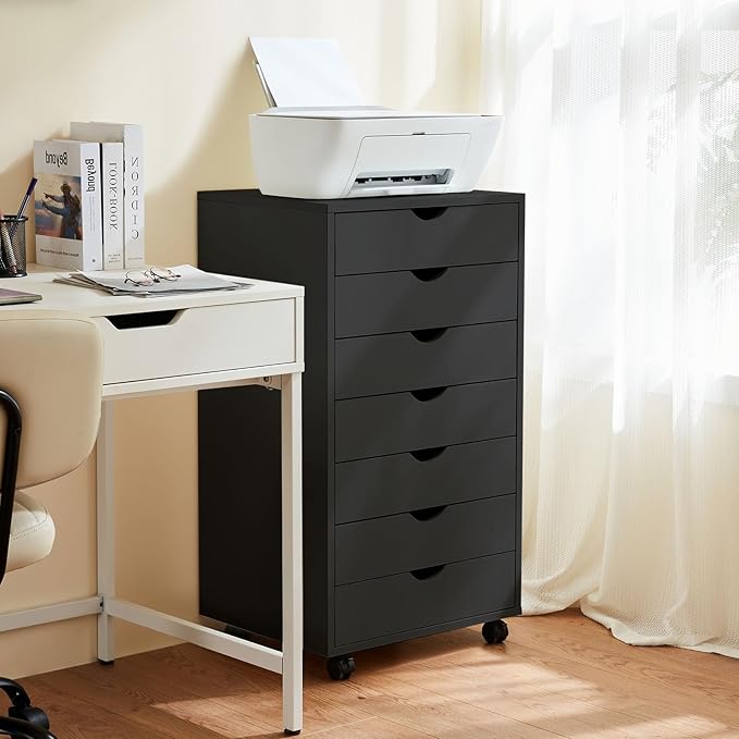NEWBULIG 7 Drawers File Cabinet Under Desk Storage with Wheels Small Rolling Office Filing Cabinets Chest of Dawers for Home Office Black