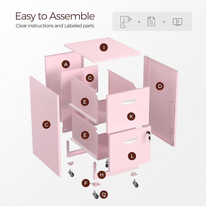 2 Drawer Mobile File Cabinet with Lock, Pink Metal Filing Cabinets with Wheels, Vertical Rolling File Cabinet Fit Hanging Files, Letter and A4 Documents