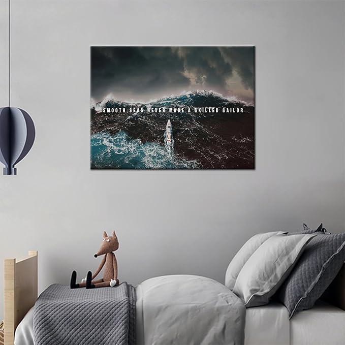 PSYYSP YYMART Wall Art Canvas Poster Motivation Success Smooth Seas Painting Art Positive Motto Office Quotes Picture Print for Modern Home Office Wall Decor Wooden Framed Ready to Hang [24''Wx18''H]