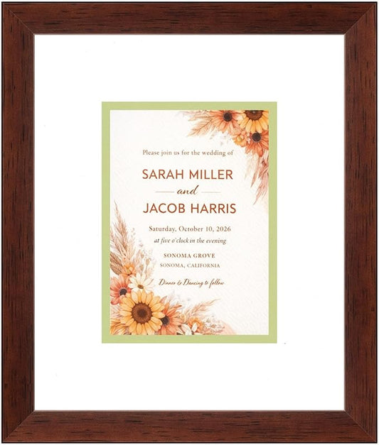 Poster Palooza Wedding Invitation Picture Frame 11.25x13.25 in Brown With White and Spring Green Double Mat for 5.5x7.5 Boutique Keepsake | USA Made