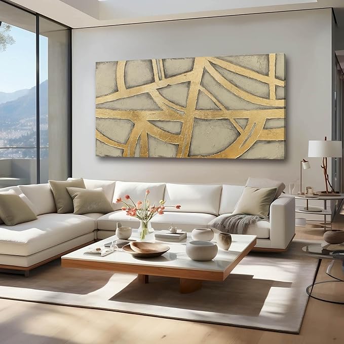 Gold Wall Decor for Living Room Abstract Canvas Wall Art Framed Prints Pictures Large Arts for Office Hotel 29"x58"
