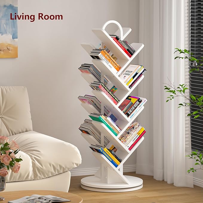 TVU 16-Tier Tree Rotating Bookshelf, 360 Degree Spinning Standing Bookcase for Magazines DVDs Books, Corner Bookcase for Living Room Bedroom Study, White