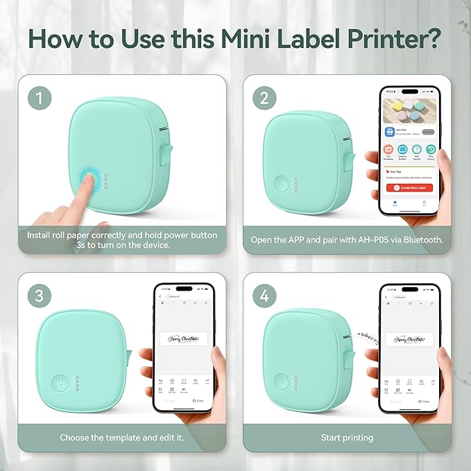 Mini Label Maker Machine with Tape AH-P05, Portable Bluetooth Mini Label Printer, Wireless Thermal Label Maker, Waterproof & Rechargeable, Built-in Cutter, for Home, Office, Kitchen – Green