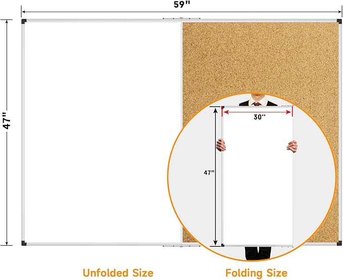 XBoard Magnetic White Board and Bulletin Corkboard Combination, 60 x 48 Inch Foldable Dry Erase & Cork Combo Board for wall with Aluminum Frame, 5' x 4' Notice Memo Board Pin Vision Board