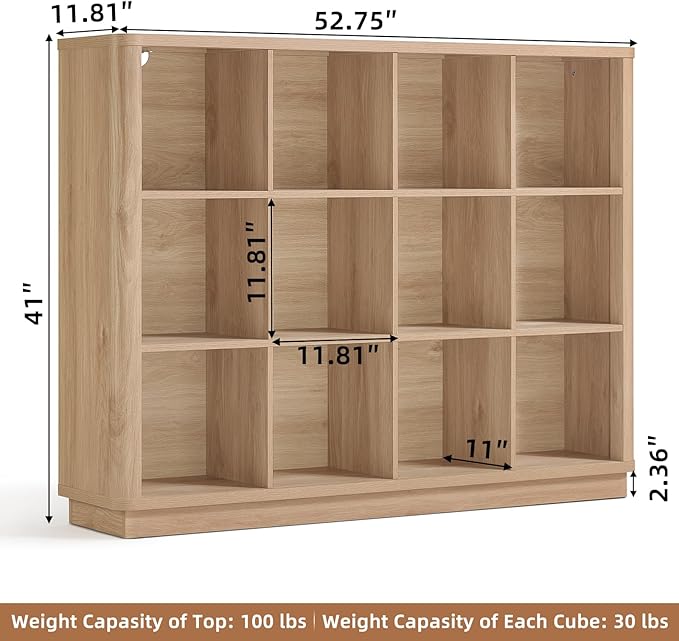 12 Cube Storage Organizer, 41" Large Bookshelf with Curved Edge, Wood Floor Standing 3-Tier Cubby Bookcase with Base, Rustic Display Storage Cabinet for Living Room, Home Office, Natural Oak