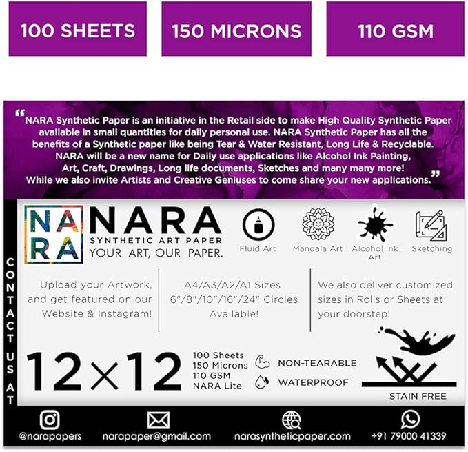 NARA Alcohol Ink Paper | White | 12 inches x 12 inches (12”x12”) | 150 microns/110 GSM | Medium Paper | 100 Sheets | Paper for Alcohol Ink Art Painting | 100% Stain-Free