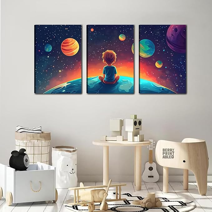 3Pcs Space Boy Canvas Wall Art Cute Inspirational Space Fantasy Wall decor pictures with Planet Pattern poster Prints Painting for Child’s Bedroom and Home Decoration Ready To Hang 12x16in canvas