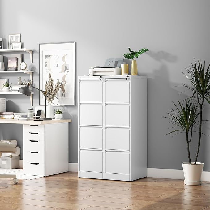 4 Drawer File Cabinet with Lock, Vertical Filing Cabinets for Home Office, Metal Storage Cabinets, Heavy Duty File Cabinet for Letter/Legal/A4/F4 Size Amsseble Required, White