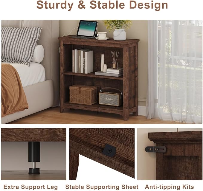 BON AUGURE Bookcase, Open Storage Book Cases/Shelves, Floor Standing 2 Shelf Bookshelf for Farmhouse Living Room, Library Office, Bedroom, Kids (Rustic Oak, 30 in)