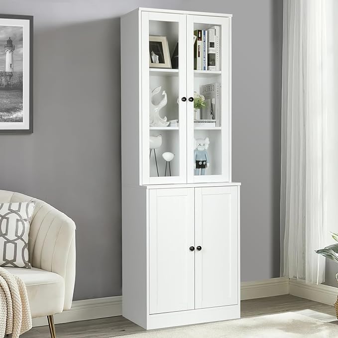 VOWNER Vertical File Cabinet, 3-Tier Modern Bookshelf with 3 Large Drawer, Wood Filing Cabinet with Open Storage Shelf, Glass Doors and Adjustable Shelves for Home Office, White (B)