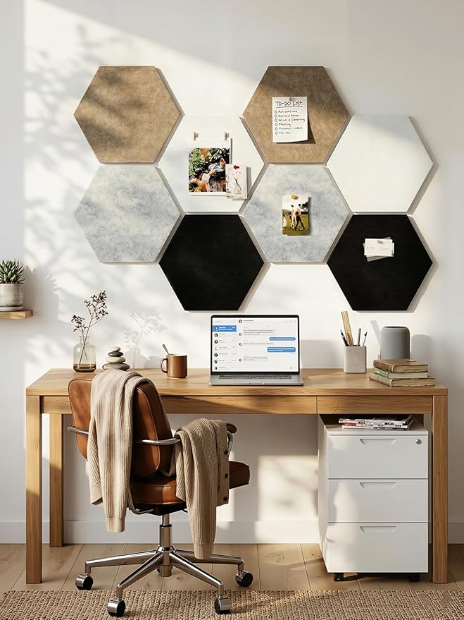 12" Large Bulletin Board with 30 Push Pins, Pack of 8 Hexagon Felt Pin Board Notice Boards for Home Office Kitchen, Felt Wall Tiles for Photos Memos