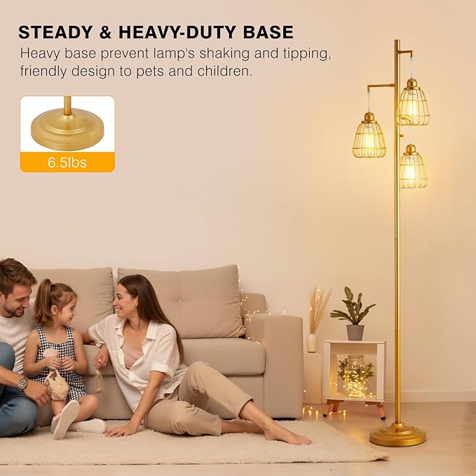 Gold Dimmable 70'' Floor Lamp for Living Room Farmhouse 3-Light Tall Lamp with Bird Caged Lampshade Bedroom Floor Tree Standing Lamp (3xLED Bulb Included) - 315603GD