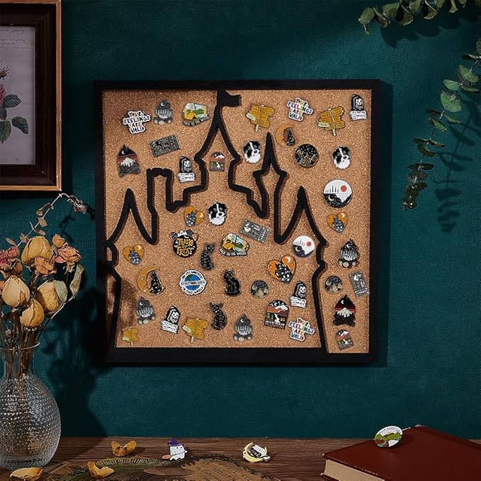 BENECREAT Square Castle Pin Board Cork Board, 11.8x11.8inch Bulletin Display Board Wall Mounted Cork Board with Black Frame for Brooch Pin Storage Display, Office Home and School Decor