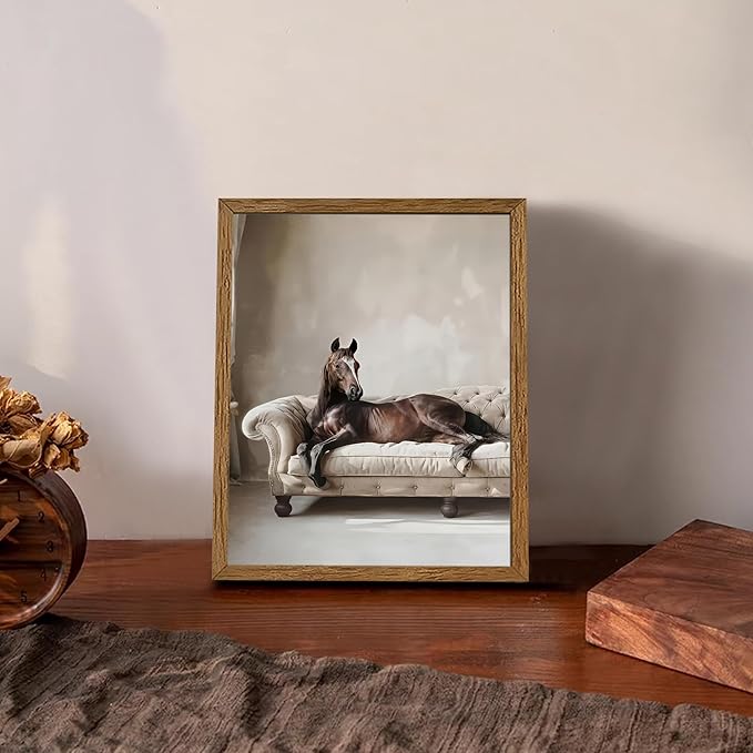 AVECCO Framed Funny Elegant Vintage Canvas Horse Wall Art, Western Brown Horse on Sofa Pictures Wall Decor, Unique Animal Art Prints for Bathroom Bedroom Living Room Office Home Decoration 8x10 Inch