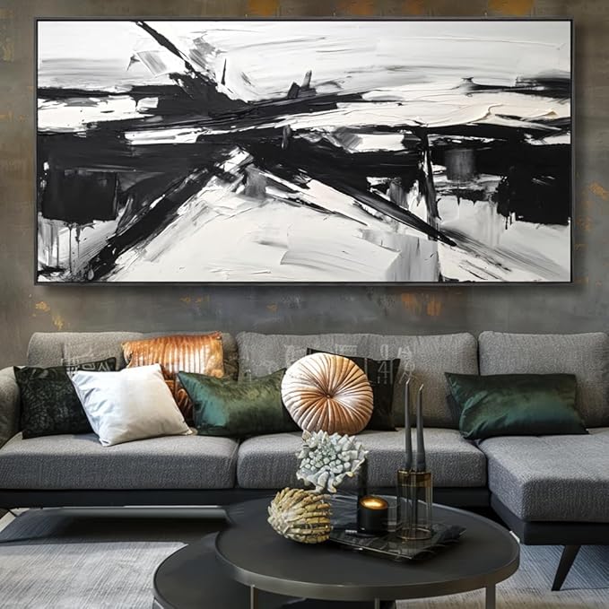 Wall Art Abstract Canvas Painting Black and White Modern Artwork for Living Room Bedroom Dining Room Home Office Decor 24"x48" with Framed