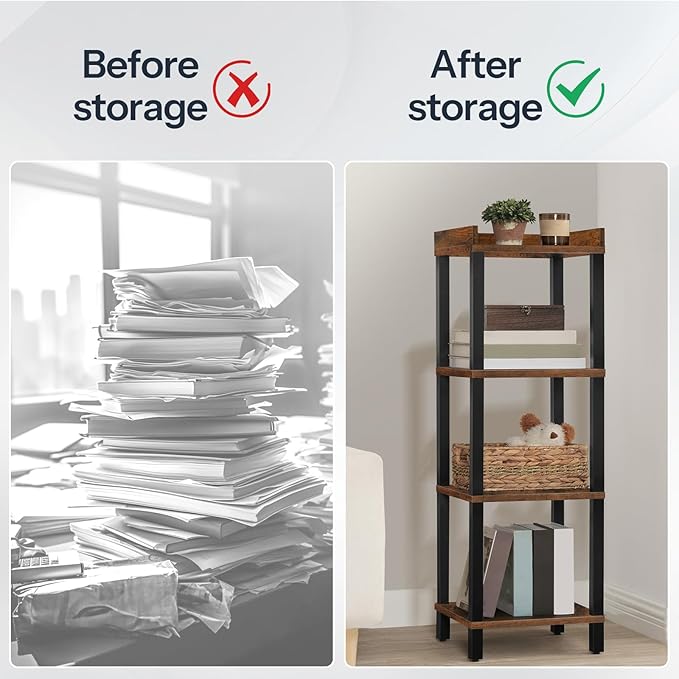 HOOBRO Small Bookcase, Industrial Style Bookshelf for Narrow Spaces, 4-Tier Square Book Shelf Stand, Wooden Storage Rack Display Shelf, Corner Shelf for Living Room, Rustic Brown and Black BF08CJ01