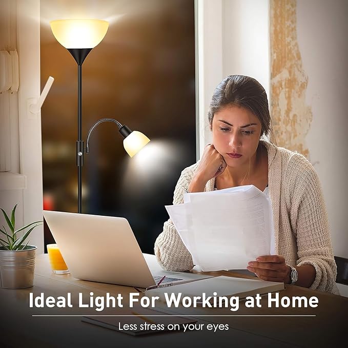 Floor Lamp, Torchiere Floor Lamps for Living Room, 71 Inch Tall Standing Lamp, Bedroom Lamps with Reading Light, Rotary Switch, 2 Plastic Lampshade, Torch Floor lamps for Bedroom (Black, No Bulb)