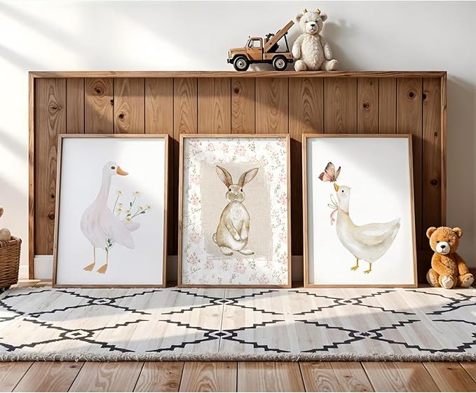 Vintage Nursery Wall Art Goose Canvas Poster Coquette Wall Decor Baby Girl Painting Kids Poster Bunny Rabbit Prints Cute Animal Pictures Duck Artwork for Bedroom Living Room 16x24x3 Inch Unframed