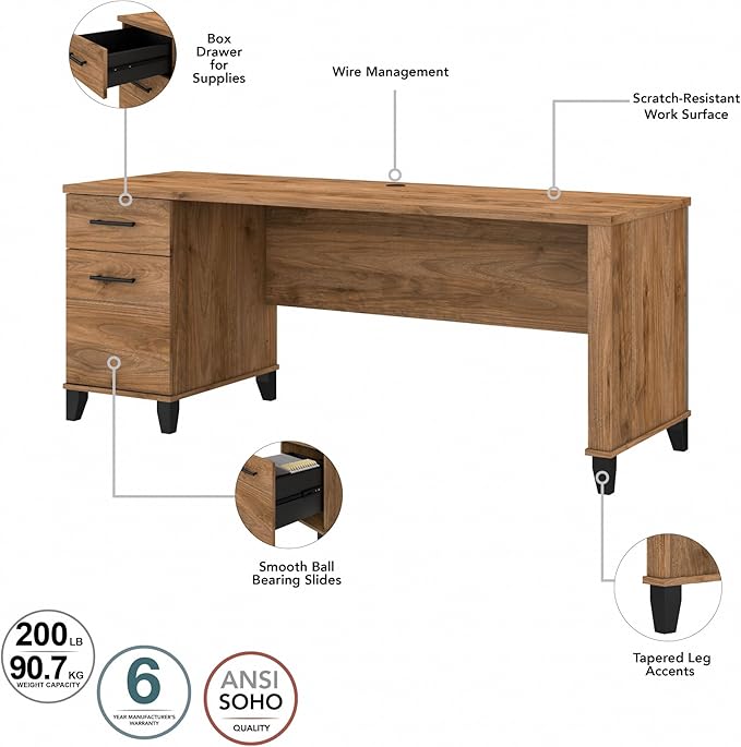 Bush Home Somerset 72W 3 Position Sit to Stand L Shaped Desk with Hutch in Fresh Walnut | Adjustable Height Table for Home Office