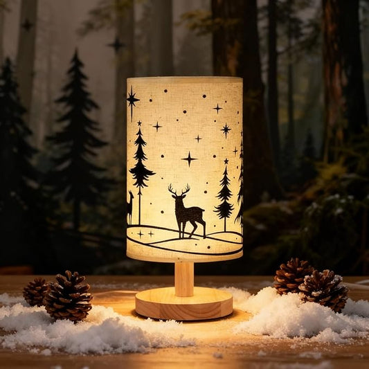 Christmas Lamp Christmas Decorations Indoor 11.6 Inch Small Xmas Tree Deer Bedside Table Light LED Desk Light USB Nightstand Lamp with Non Slip Wood Base Lampshade for Gifts Home Desk