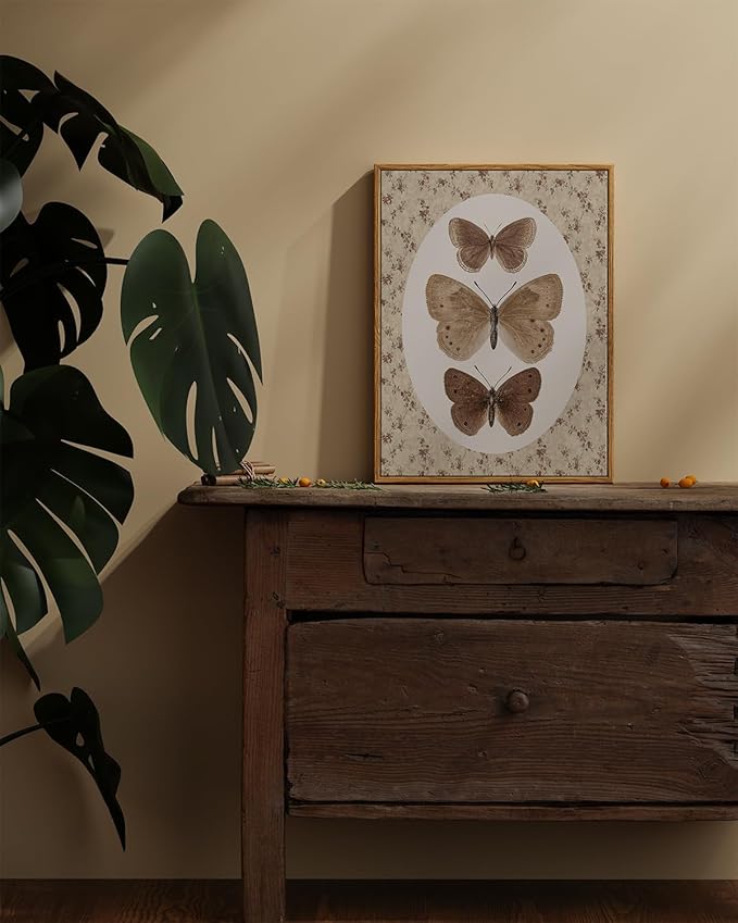 ARPEOTCY Framed Canvas Wall Art, Vintage Wall Decor, Retro Butterfly Pictures for Bedroom Bathroom Living Room, Antique Rustic Cottagecore Farmhouse Neutral Decorations, 12x16inch