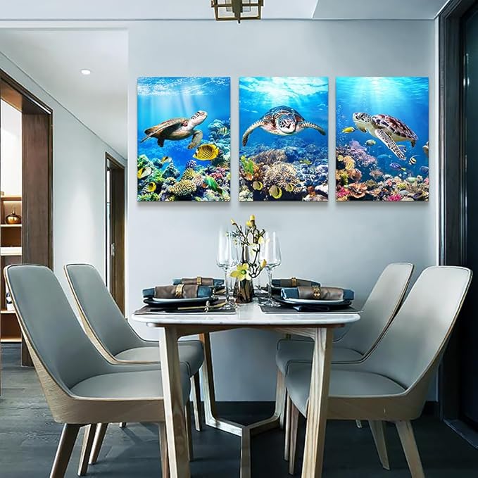 MHARTK66 Canvas Wall Decor - Modern Sea Turtle Wall Art, Ocean Pictures, 3 Piece Large Artwork for Bedroom, Living Room, Office, Bathroom