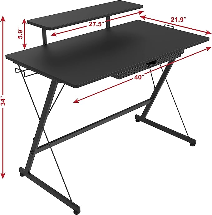 SHW 40-Inch Gaming Desk with Monitor Riser, Drawer and Hooks, Black