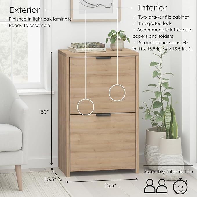 Prepac 30" Tall Vertical File Cabinet with 2 Locking Drawers, Light Oak