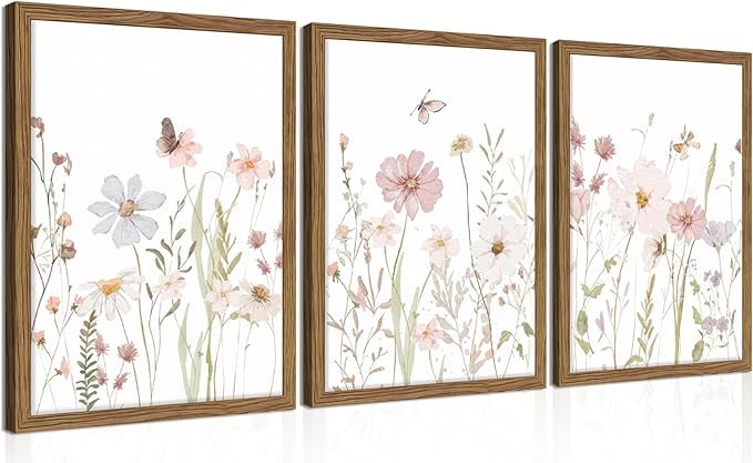 Framed Wildflower Wall Art Set of 3, Pink Floral Canvas Wall Decor Pictures, Vintage Flower Botanical Paintings, Nursery Flowers Butterfly Posters Prints for Bedroom Living Room 12x16 Inch