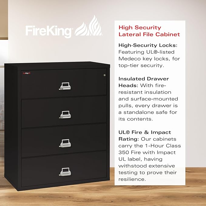 FireKing Fireproof Lateral File Cabinet (4 Drawers, Impact Resistant, Water Resistant), 44" W x 22" D, Black, Made in USA